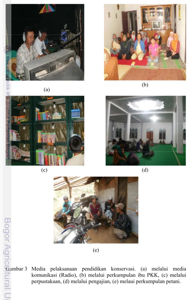 Gambar 3   Media  pelaksanaan  pendidikan  konservasi.  (a)  melalui  media                   komunikasi (Radio), (b) melalui perkumpulan ibu PKK, (c) melalui 