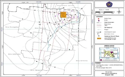 Gambar 1. Peta Kontur Airtanah dan Lokasi Pengambilan Sampel di Desa Pesarean dan Desa Lemahduwur Kecamatan Adiwerna Kabupaten Tegal