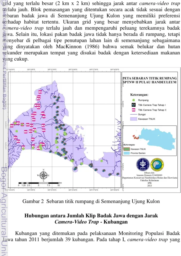 Gambar 2 Sebaran titik rumpang di Semenanjung Ujung Kulon Hubungan antara Jumlah Klip Badak Jawa dengan Jarak