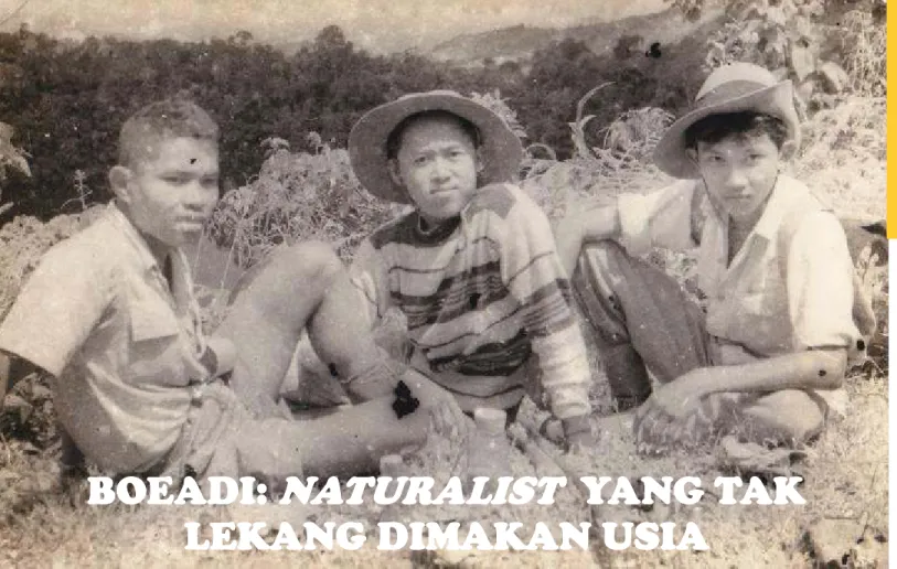 Gambar at as: Pak Boeadi di Flores t ahun 1957 (kiri - 22 t ahun) bersama 2 mahasiswa jurusan zoology akademi biologi lainnya yait u    Siswant o (t engah) dan Adi Sumart ono atau Toni (kanan) yang kemudian masuk ke Perlindungan Alami 