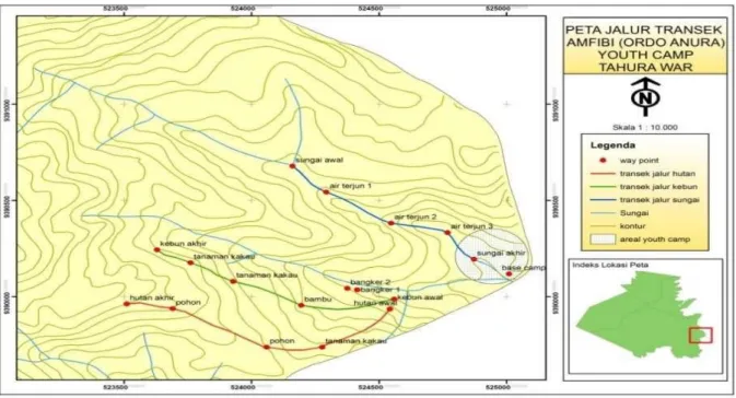 Gambar 1.   Peta lokasi penelitian dan jalur pengamatan pada masing-masing habitat di Youth                   Camp, (Sumber UPTD Tahura WAR 2009)