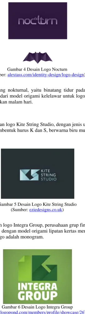 Gambar berikut merupakan logo Kite String Studio, dengan jenis usaha studio fotografi,  model origami lipatan kertas membentuk hurus K dan S, berwarna biru muda