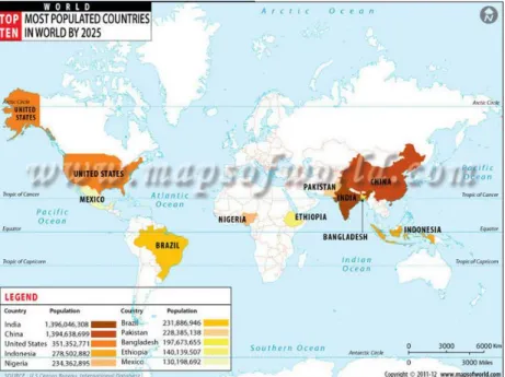 Gambar 4.2. Peta Negara Terpadat di Dunia  Sumber: http://www.mapsofworld.com/, 2014 