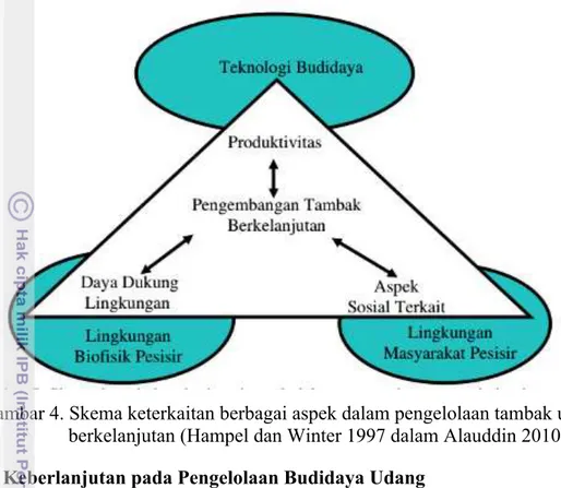 Gambar 4. Skema keterkaitan berbagai aspek dalam pengelolaan tambak udang               berkelanjutan (Hampel dan Winter 1997 dalam Alauddin 2010)  2.4