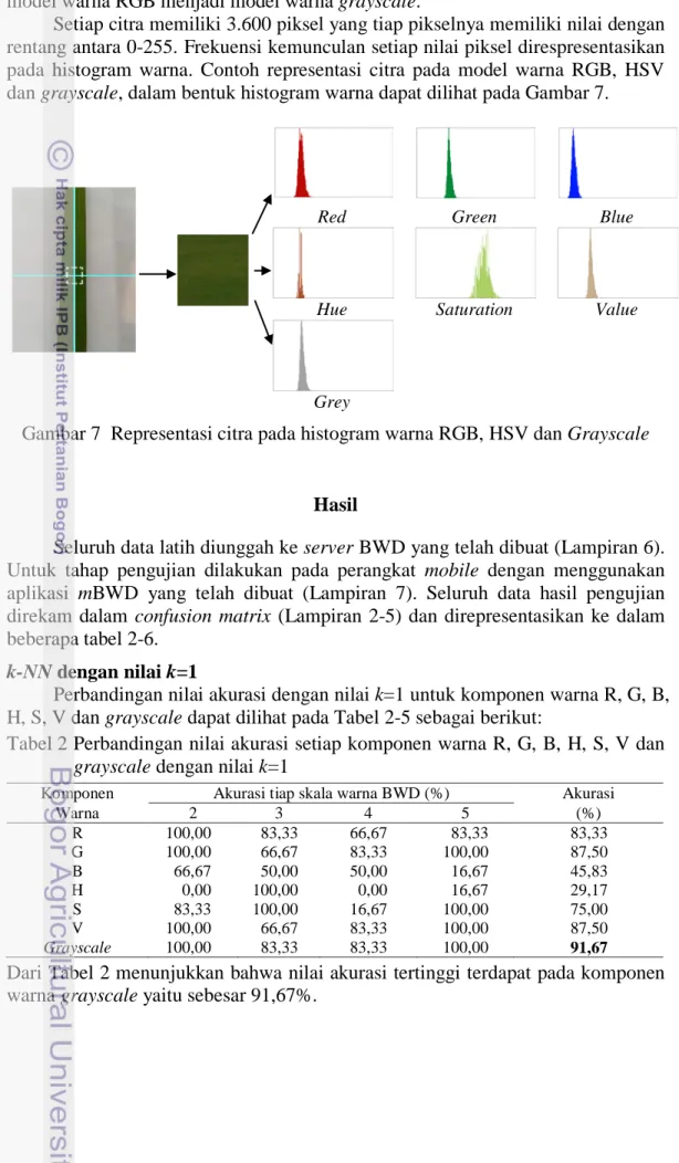 Gambar 7  Representasi citra pada histogram warna RGB, HSV dan Grayscale  model warna grayscale
