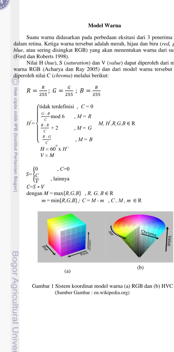 Gambar 1 Sistem koordinat model warna (a) RGB dan (b) HVC   ( Sumber Gambar : en.wikipedia.org)