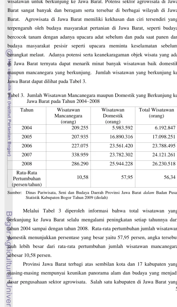 Tabel 3.  Jumlah Wisatawan Mancanegara maupun Domestik yang Berkunjung ke  Jawa Barat pada Tahun 2004–2008 
