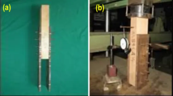 Gambar 1. (a)  Contoh  uji  sambungan  geser  ganda    batang  kayu dengan paku majemuk berpelat  sisi baja   (b) Pengujian dengan uji uniaksial tekan 