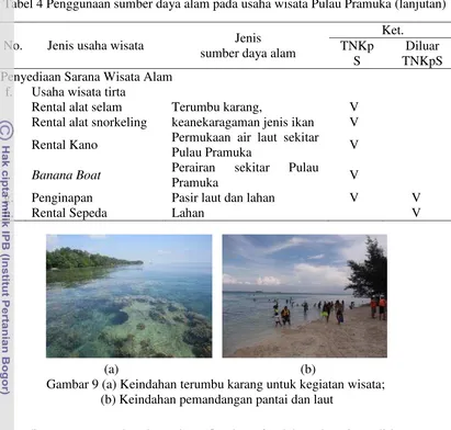 Tabel 4 Penggunaan sumber daya alam pada usaha wisata Pulau Pramuka (lanjutan) 