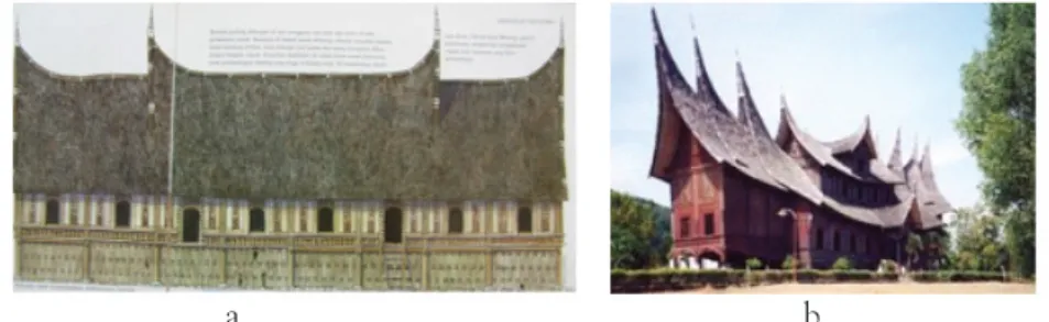 Gambar 4. (a) Rumah Gadang bergonjong dan (b) Rumah Gadang bergonjong