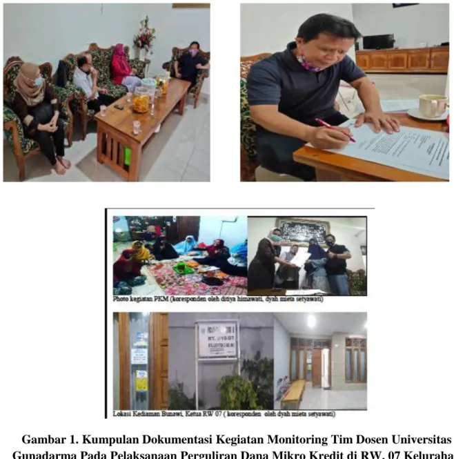 Gambar 1. Kumpulan Dokumentasi Kegiatan Monitoring Tim Dosen Universitas  Gunadarma Pada Pelaksanaan Perguliran Dana Mikro Kredit di RW