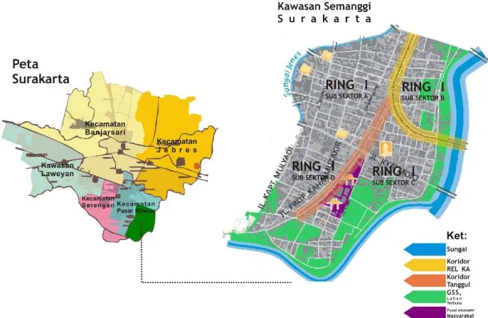 Gambar 1.1 Peta Kota Surakarta dan Kawasan Semanggi. Sumber: Analisis Penulis, 2016. Gagasan Perancangan 
