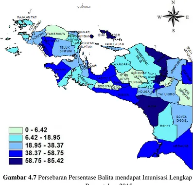 Gambar 4.7 Persebaran Persentase Balita mendapat Imunisasi Lengkap di  Papua tahun 2015 