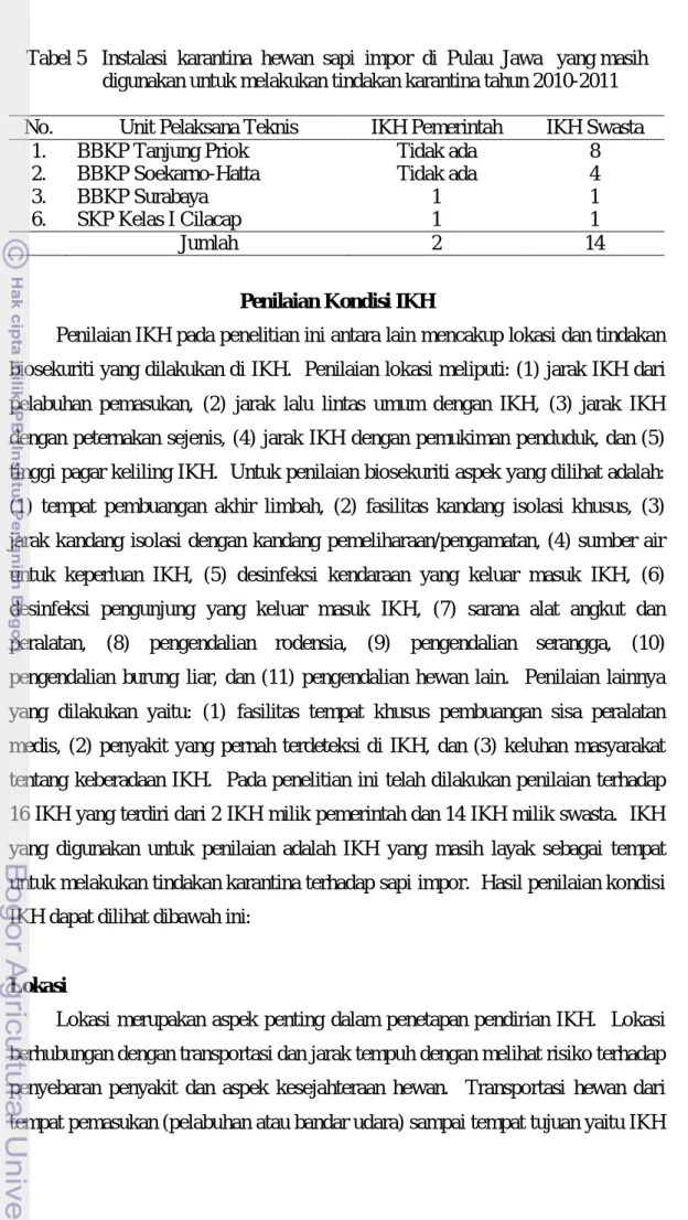 Tabel 5   Instalasi  karantina  hewan  sapi  impor  di  Pulau  Jawa   yang masih  digunakan untuk melakukan tindakan karantina tahun 2010-2011 