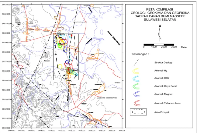 Gambar 3. Peta Kompilasi terpadu geologi, geokimia, dan geofisika daerah Massepe