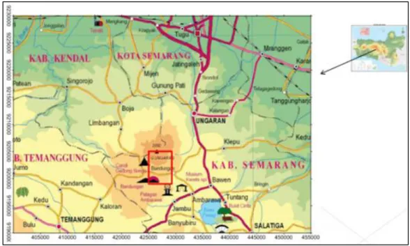 Gambar 1. Lokasi area panasbumi di Gunung Ungaran dan sekitarnya  (Bakosurtanal). 