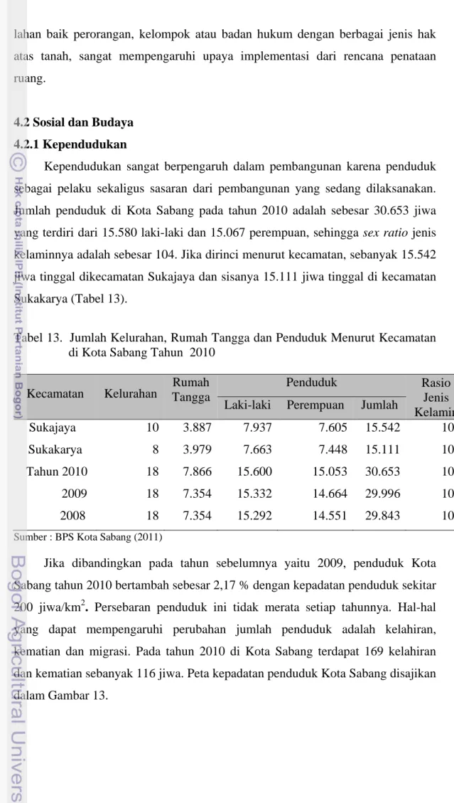 Tabel 13.  Jumlah Kelurahan, Rumah Tangga dan Penduduk Menurut Kecamatan     di Kota Sabang Tahun  2010 