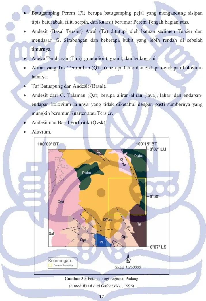Gambar 3.3 Peta geologi regional Padang  (dimodifikasi dari Gafoer dkk., 1996) 