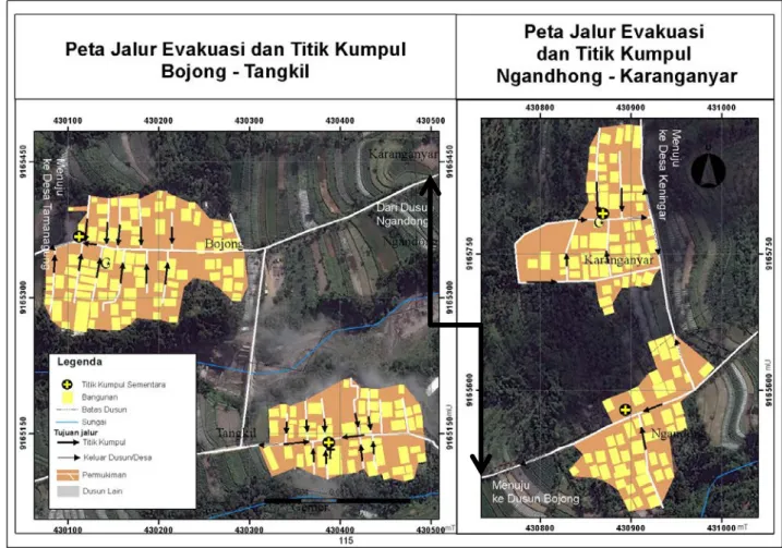 Gambar  3.a  merupakan Peta Jalur Evakuasi Dusun Bojong dan Tangkil yang memiliki 2 alternatif jalur sedangkan  Gambar 3.b merupalan Peta Jalur Evakuasi Dusun Karanganyar dan Ngandong yang memiliki 3 alternatif pilihan jalur  Pemilihan penampilan peta diat