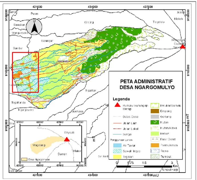 Gambar 1 Peta Administrasi Desa Ngargomulyo menggambarkan bahwa desa ini tidak terlalu jauh dengan Gunung  Merapi dengan konsentrasi permukiman berada di wilayah barat desa (di dalam kotak merah) 