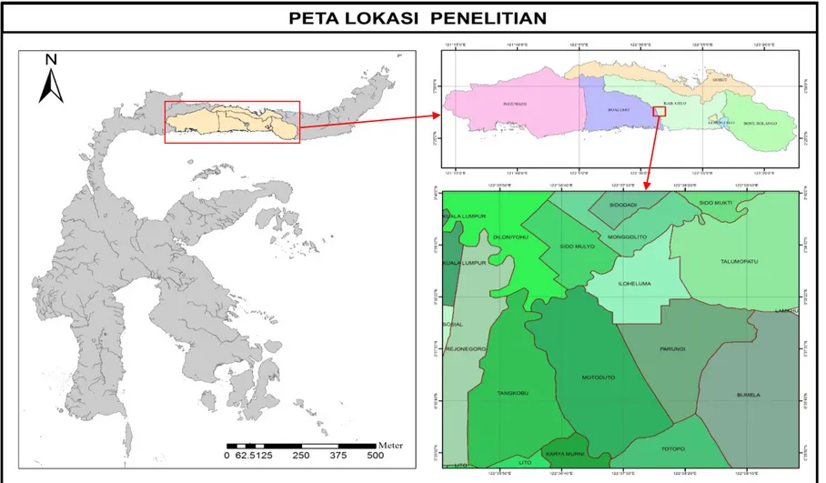 Gambar 1.1 Peta Lokasi Penelitian (Peta Administrasi Kabupaten Gorontalo dan Kabupaten Boalemo Provinsi Gorontalo) 