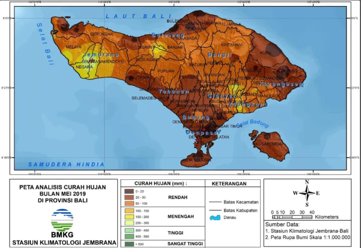 Gambar 1. Peta analisis curah hujan bulan Meil 2019  di Provinsi Bali