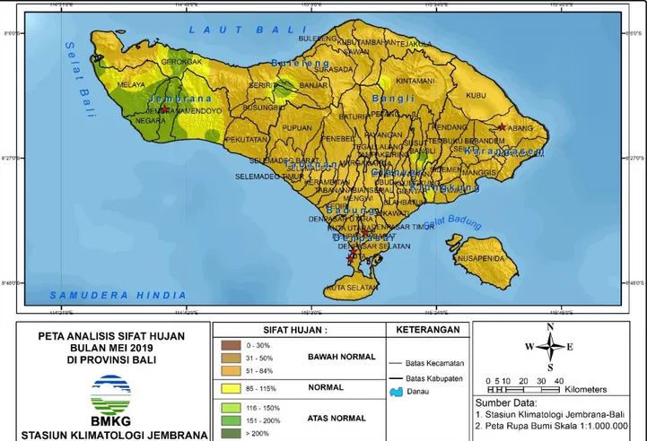 Gambar 2. Peta analisis sifat hujan bulan Mei 2019  di Provinsi Bali