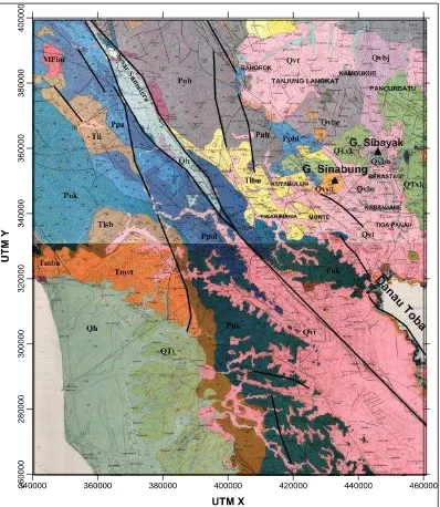 Gambar 2. Peta geologi regional daerah Gunung Sinabung dan sekitarnya (Whandoyo, 1982) 