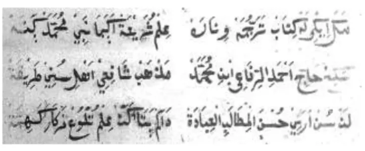 Gambar  3.2  di  atas  menunjukkan  bahwa,  kalimat  saking  hajji  Ahmad  Rifai  mengindikasikan  atau  menandakan  bahwa  penulis  serta  ajaran  yang  terkandung  pada naskah  tersebut  diberikan  oleh  Haji  Ahmad  Rifai