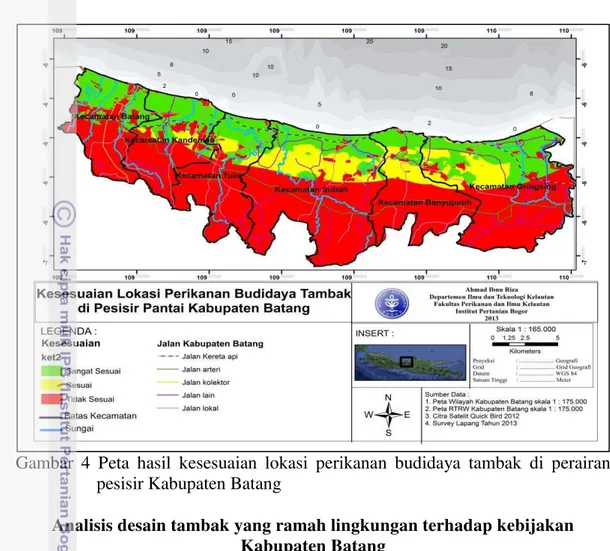 Gambar  4  Peta  hasil  kesesuaian  lokasi  perikanan  budidaya  tambak  di  perairan    pesisir Kabupaten Batang 