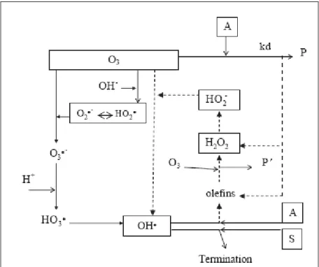 Gambar II.4. Asumsi reaksi antara ozon dan senyawa aromatik (A) dengan   pembentukan produk (P) dan kehadiran scavenger (S)