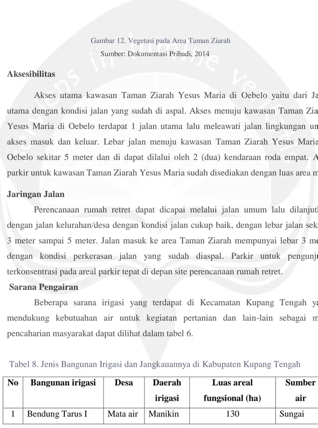 Tabel 8. Jenis Bangunan Irigasi dan Jangkauannya di Kabupaten Kupang Tengah  No  Bangunan irigasi  Desa  Daerah 