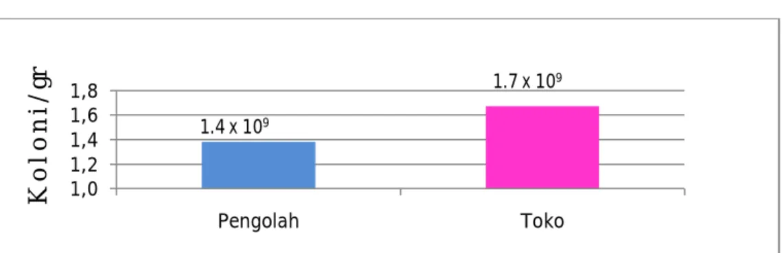 Gambar 12 : Perbandingan Total Bakteri Dari Pengolah dan Toko  Dari  Gambar  12  terlihat  bahwa 