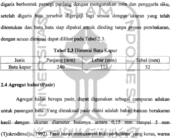 Tabel 2.3 Dimensi Batu Kapur 