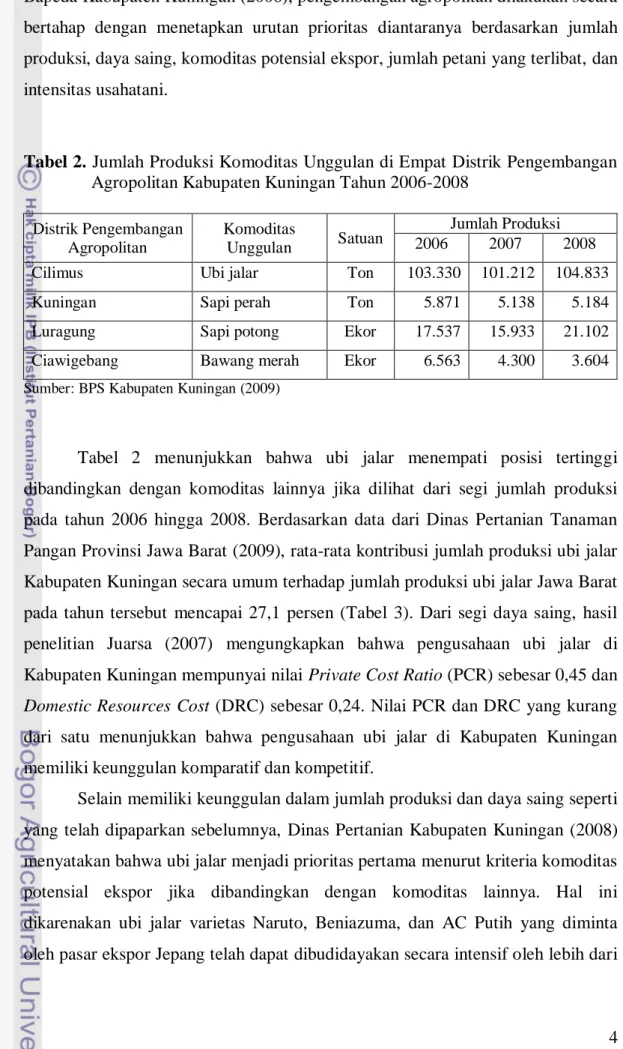 Tabel 2. Jumlah Produksi Komoditas Unggulan di Empat Distrik Pengembangan  Agropolitan Kabupaten Kuningan Tahun 2006-2008 