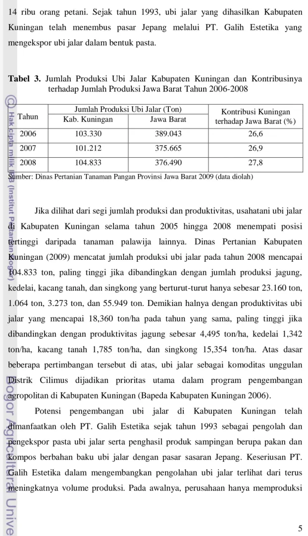 Tabel  3.  Jumlah  Produksi  Ubi  Jalar  Kabupaten  Kuningan  dan  Kontribusinya  terhadap Jumlah Produksi Jawa Barat Tahun 2006-2008 