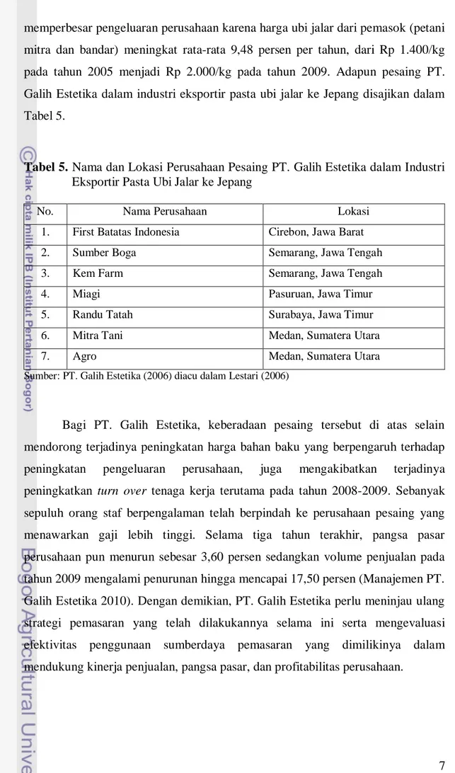 Tabel 5. Nama dan Lokasi Perusahaan Pesaing PT. Galih Estetika dalam Industri  Eksportir Pasta Ubi Jalar ke Jepang  