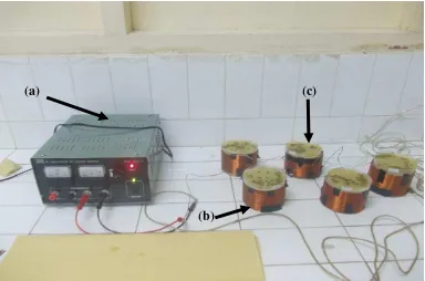 Gambar 6. Rangkaian medan magnet. (a) teslameter, (b) solenoid 0,1 mT, (c)  cawan petri berisi kacang hijau (Koleksi Pribadi Irawan, 2014)