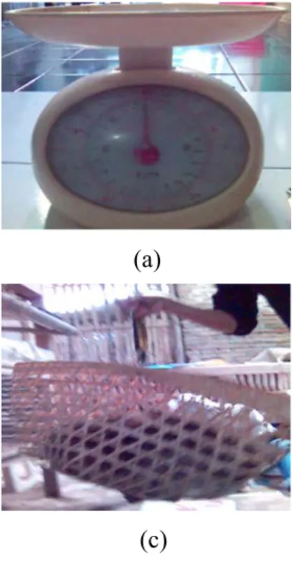 Gambar 2. (a) timbangan kapasitas 2,5 kg, (b) timbangan pegas, (c)  keranjang kelinci, (d) pita ukur  