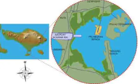 Gambar 3.1. Lokasi Pelabuhan Benoa terhadap Pulau Bali  (Sumber http://www.wikipedia.org; PT (Persero) Pelindo III, 2005) 