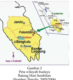 Gambar 2 Peta wilayah budaya Batang Hari Sembilan (Sumber: Penulis, 2005/2006)