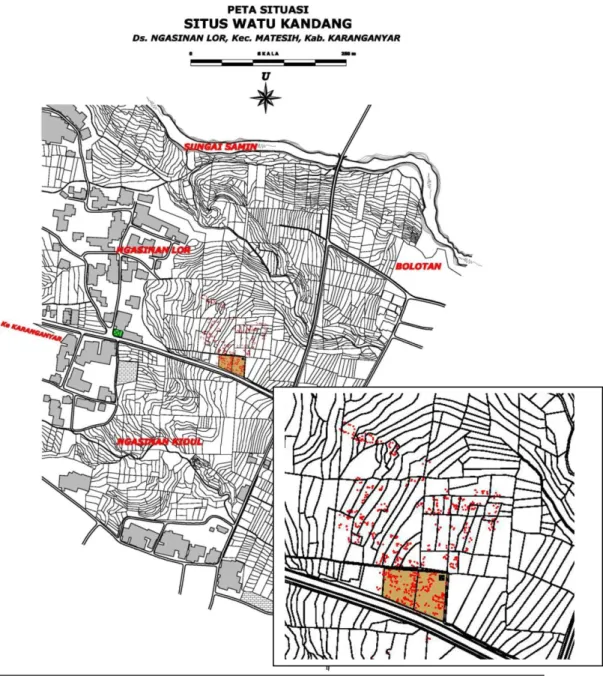 Gambar 1.5. Warna coklat (inset) adalah lahan milik pemerintah dan titik  merah menunjukkan sebaran batu penyusun watu kandang 