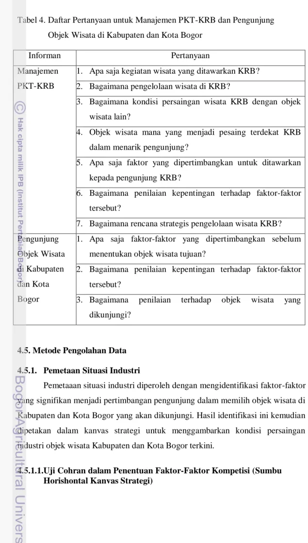 Tabel 4. Daftar Pertanyaan untuk Manajemen PKT-KRB dan Pengunjung     Objek Wisata di Kabupaten dan Kota Bogor 