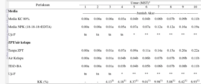 Tabel 8 Rata-rata jumlah akar PLB anggrek silangan Phal.gigantea  × Phal.violacea pada umur 1-10 MST 