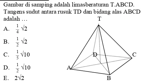 Gambar di bawah adalah bidang empat T.ABCD yang mempunyai alas segitiga sama sisi. Jika α adalah sudut 