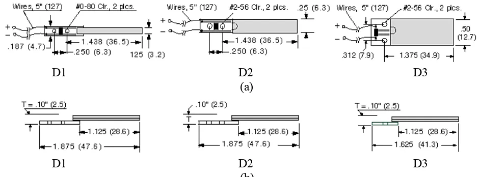 Fig. 2 (a) Top view and (b) side view of piezoelectric cantilevers with same length but different width (3.2mm, 6.3mm and 12.7mm)