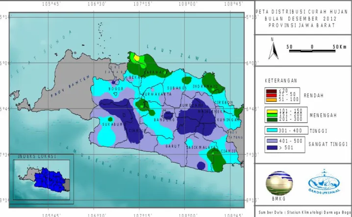 Gambar 1a. Peta Distribusi Curah Hujan Bulan Desember 2012 Provinsi Jawa Barat  