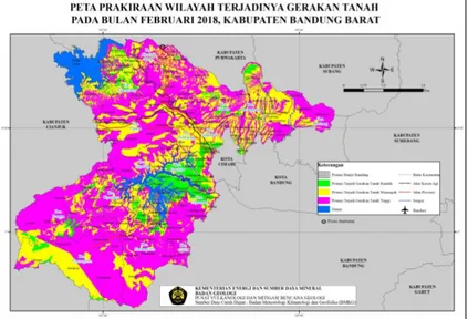 Gambar 3. 4 Prakiraan Wilayah Potensi Terjadi Gerakan Tanah Pada Bulan  Februari 2018, Kabupaten Bandung Barat (PVMBG, 2018) 