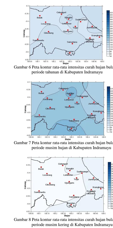 Gambar 6 Peta kontur rata-rata intensitas curah hujan bulanan  periode tahunan di Kabupaten Indramayu 