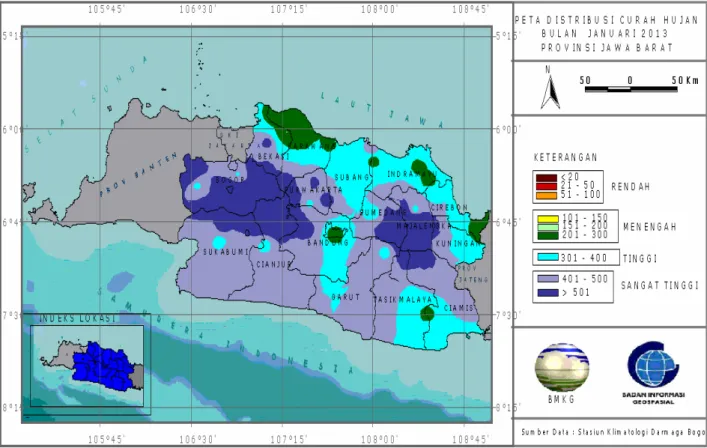 Gambar 1a. Peta Distribusi Curah Hujan Bulan Januari 2013 Provinsi Jawa Barat  